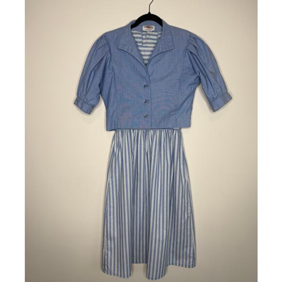 Lanz Original Dresses & Skirts - Vintage Lanz Originals Prairie Dress Set Blue Stripe Cottagecore XS 3/4